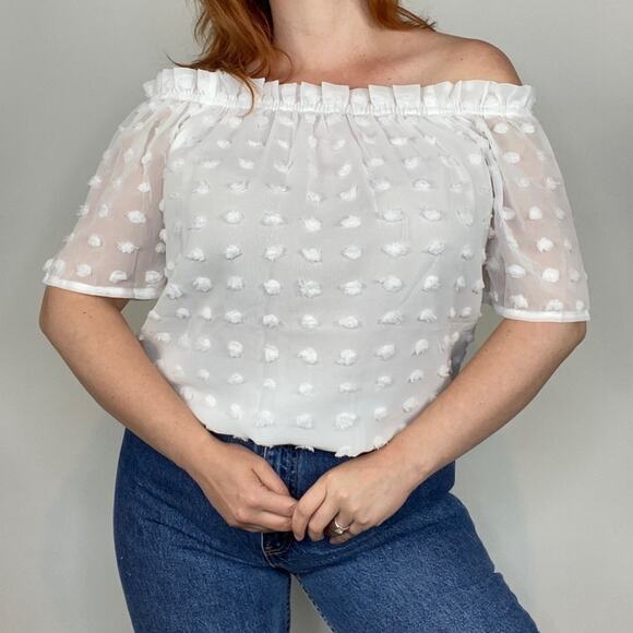 Boutique NWOT White Double Layered Textured Polka Dot Off the Shoulder Blouse - Picture 7 of 12